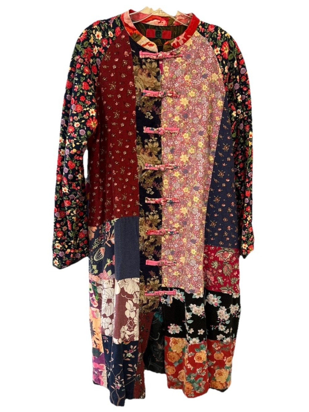 Vintage Chinese-Inspired Patchwork Duster Coat Frog Closure Boho Artwear